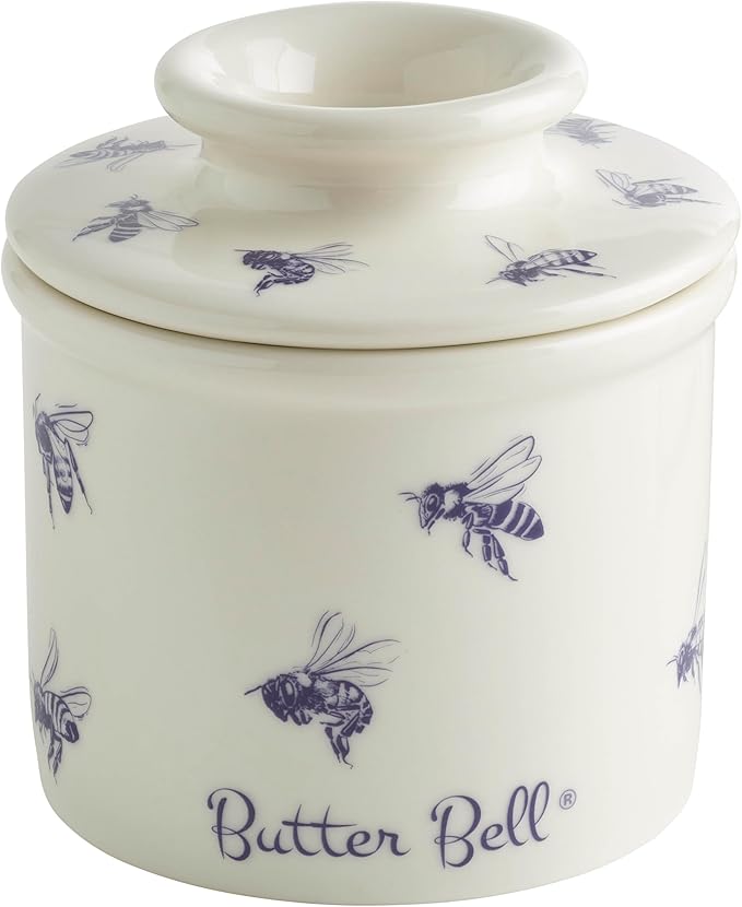 Butter Bell - The Original Butter Bell crock by L Tremain, a Countertop French Ceramic Butter Dish Keeper with Lid for Spreadable Butter, Farmhouse Collection, Honey Bees, Blue & White