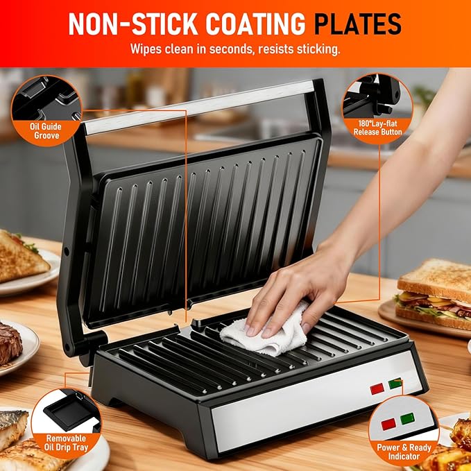 Panini Press Grill, 1200W Sandwich Maker with Non-Stick Plates, Standard 2-Slice Sandwich Press Electric Indoor Grill, Opens 180° to Fit Any Size of Food, Removable Drip Tray, Stainless Steel, Sliver