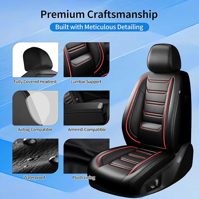 Fit HR-V Car Seat Covers for Select Honda HRV 2016-2025 2026 LX/EX/EXL/Sport - Full Coverage Leather, Waterproof & All Weather Seat Cushion Protector, Full Set, Black with Red Trim