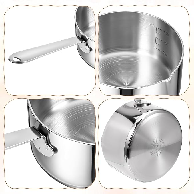 Stainless Steel Butter Warmer Measuring Pan 0.5 Quart Small Sauce Pan 18/10 Tri-Ply Stainless Steel Saucepan with Dual Pour Spouts