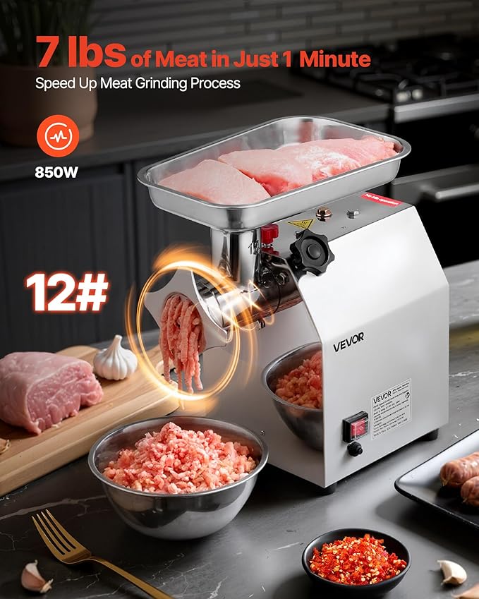 VEVOR Commercial Electric Meat Grinder, 7 lbs/min Capacity, #12 Industrial Meat Mincer with 2 Stainless Steel Blades, 2 Grinding Plates, 850W Heavy-Duty Sausage Maker Stuffer, for Kitchen, Restaurant