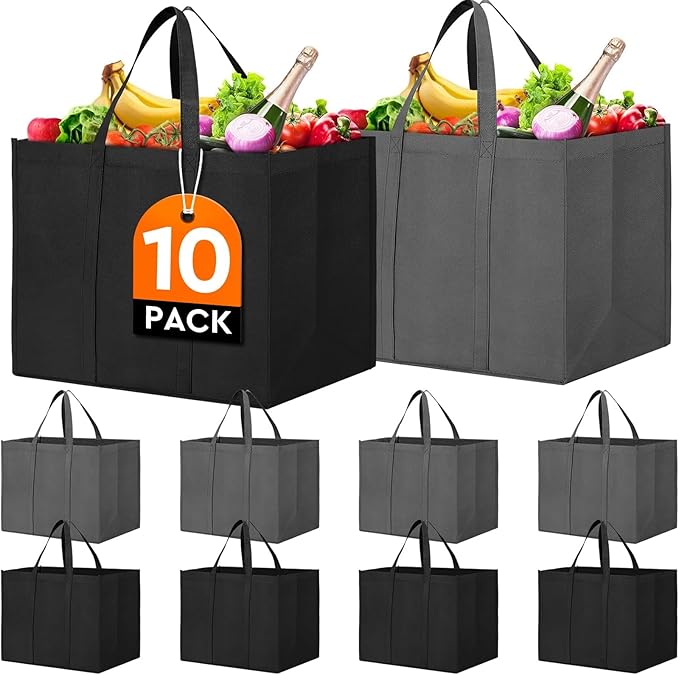 WISELIFE Reusable Grocery Shopping Bags 10 Pack Large Foldable Tote Bags Bulk, Long Handle for Shopping Groceries Clothes (Dark Grey & Black)