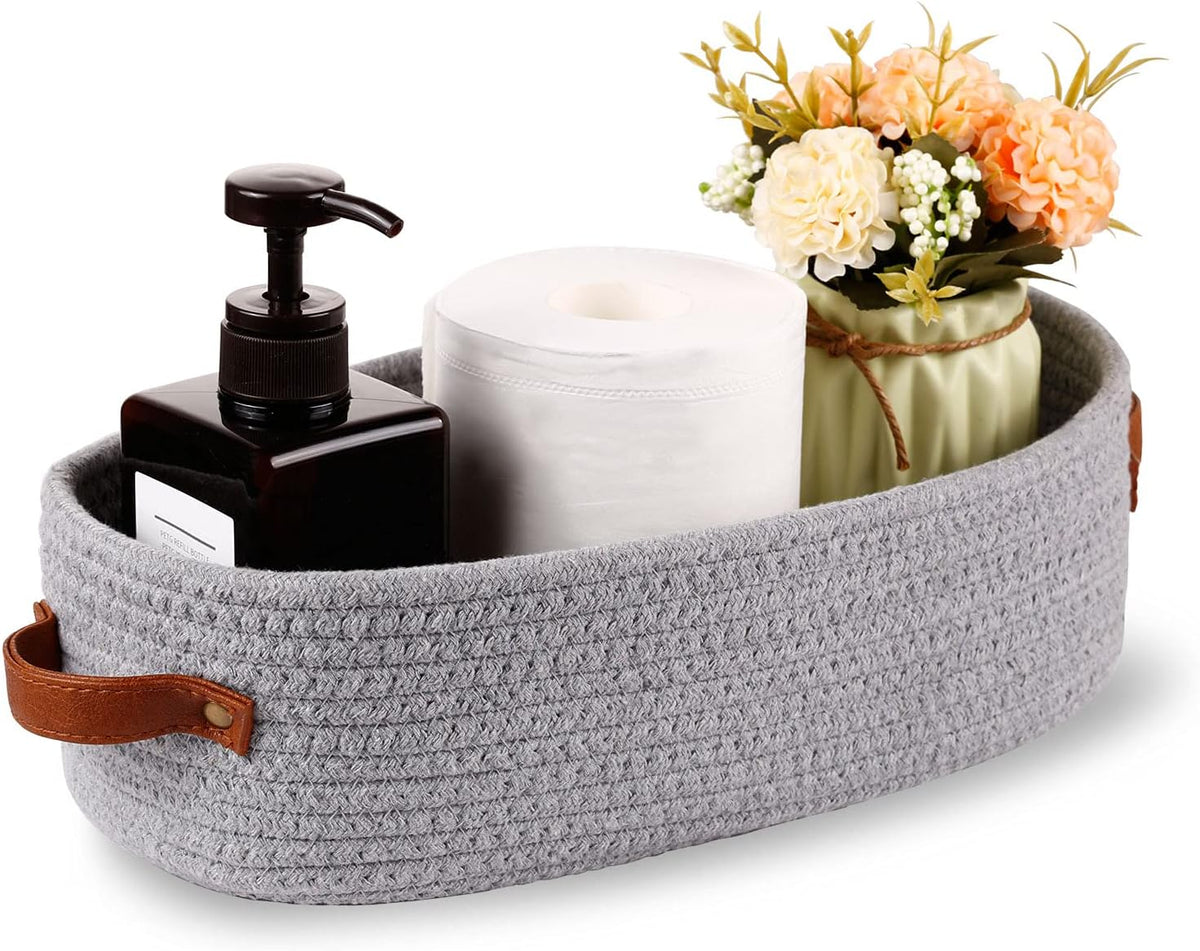 Cotton Rope Small Woven Toilet Paper Room Storage Basket with Handles for Bathroom, 13"x5.9"x4" Gary