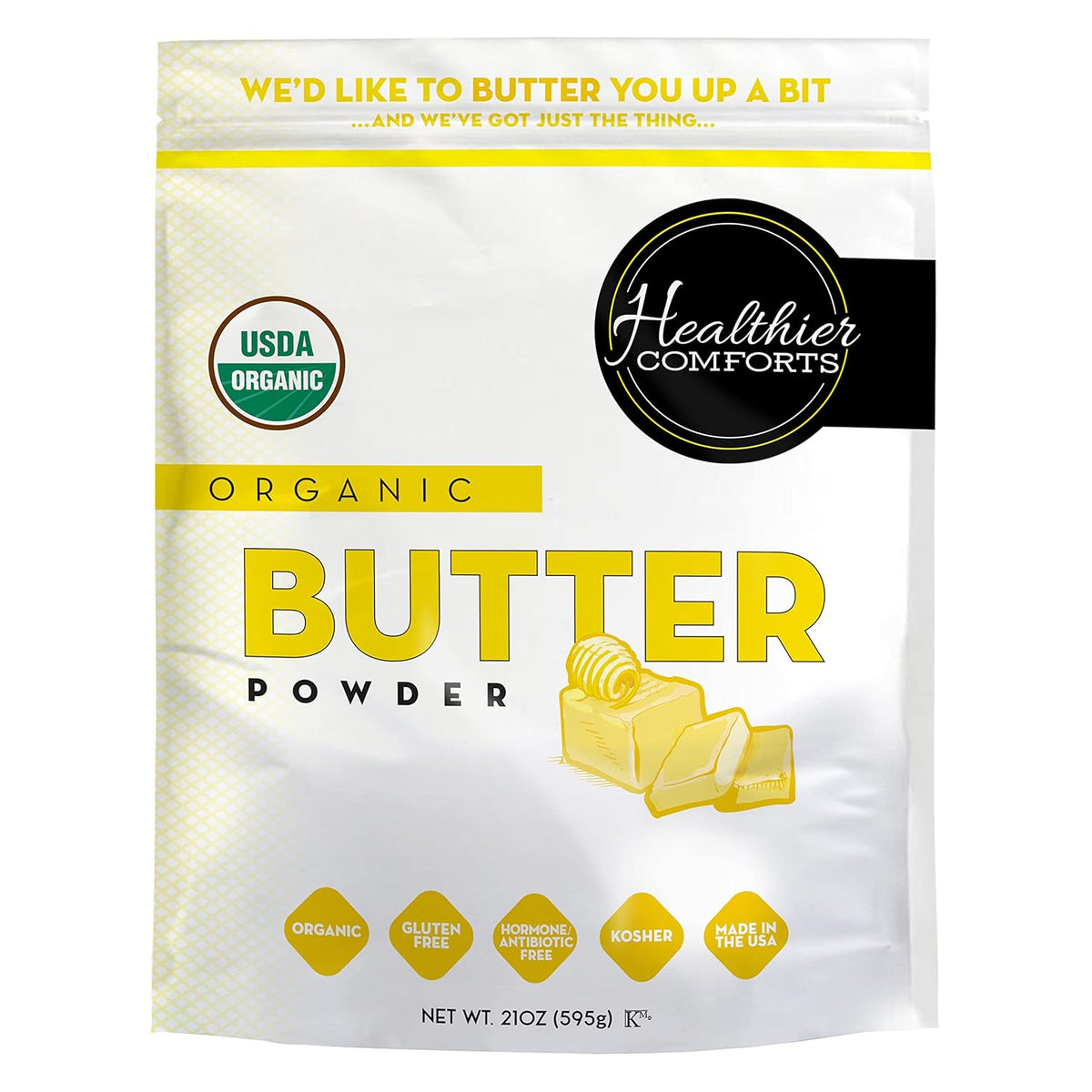 Healthier Comforts Organic Butter Powder | USDA Certified Organic Dehydrated Unsalted Butter | Kosher, Gluten Free, Non-GMO | Popcorn, Baking, Seasoning 21oz