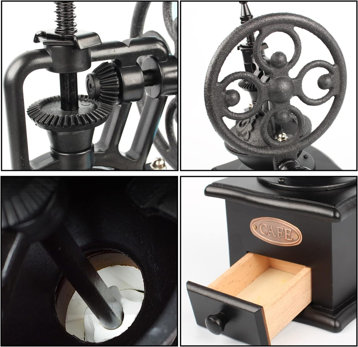 Coffee Grinder,Wooden Coffee Bean Grinder Manual Coffee Grinder Roller, Antique Coffee Mill with Cast Iron Hand Crank for Making Mesh Coffee, Decoration, Best Gift (Black (four deformation base))