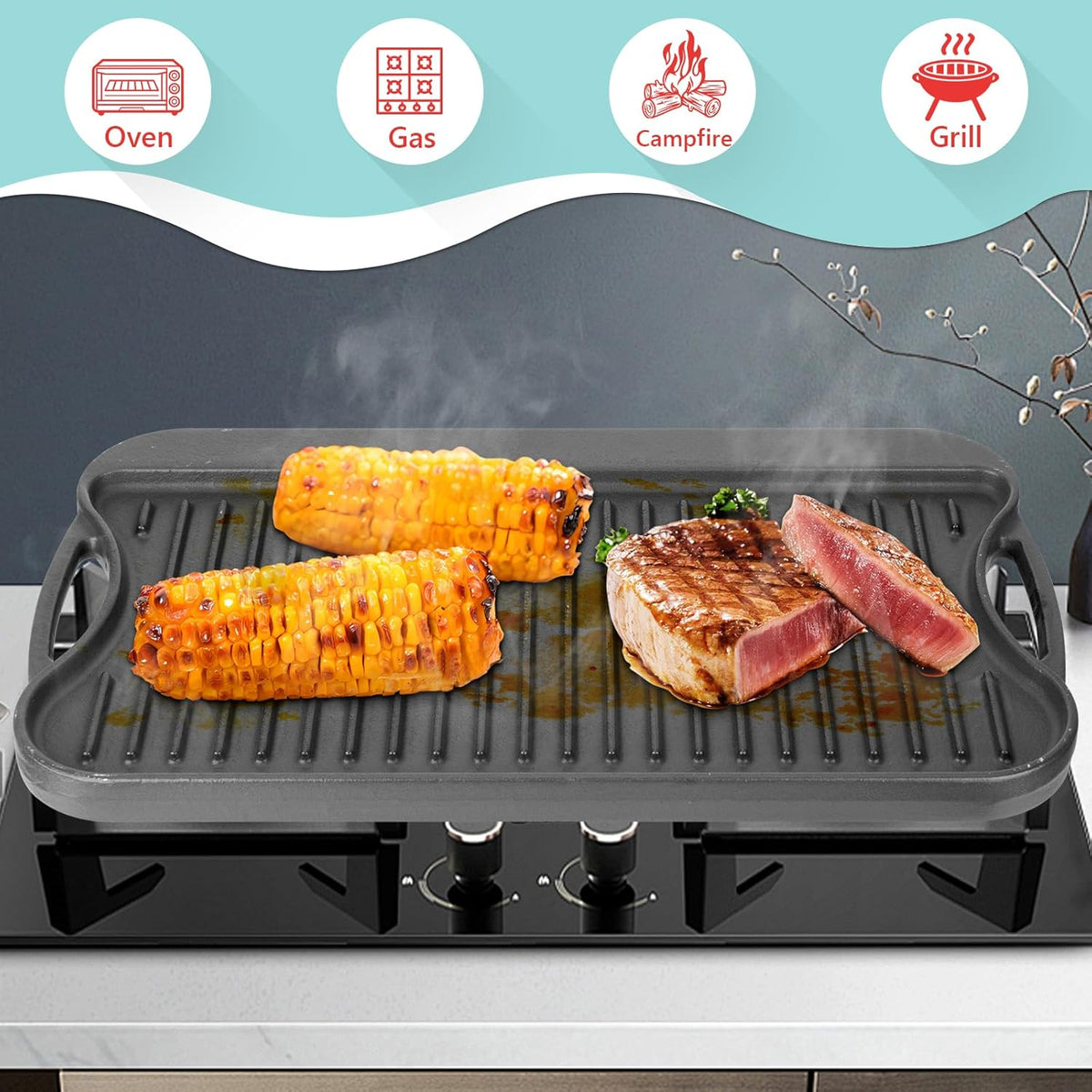 2 in 1 Reversible Cast Iron Griddle for Gas Grill, Flat Top Grill Pan for Gas Stove, Pre-Seasoned Oven Top pan,Upgrade Double Burner Griddle for Indoor & Outdoor Cooking Accessories, 17" X 10"
