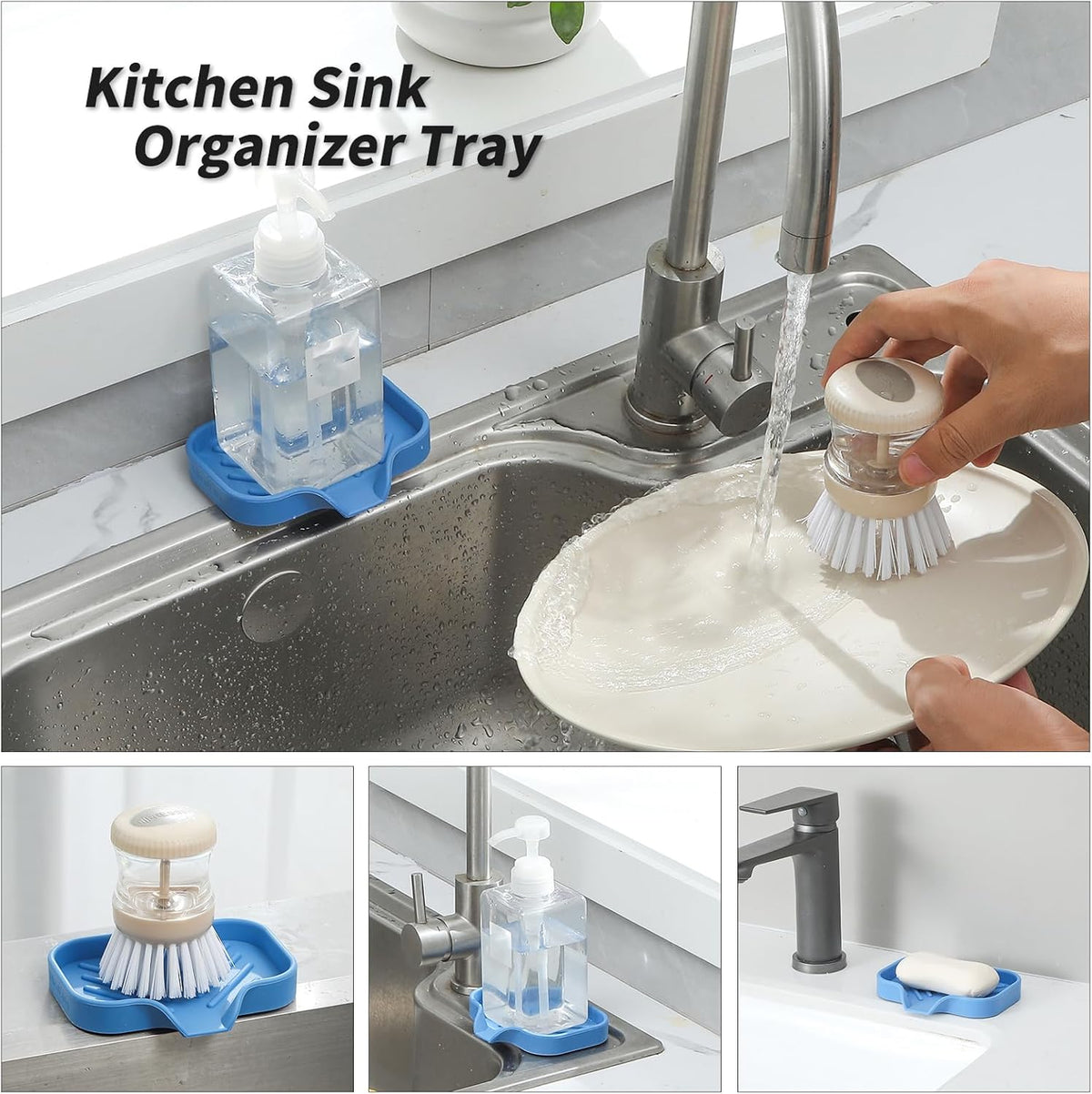 Silicone Bathroom Soap Dishes with Drain Spout-Bathroom and Kitchen Sink Organizer,Sponge Holder,Dish Soap Tray,Perfect for Dispenser,Scrubber,Bottle,Cup on Counter Lichen Blue 4.9"×3.2"