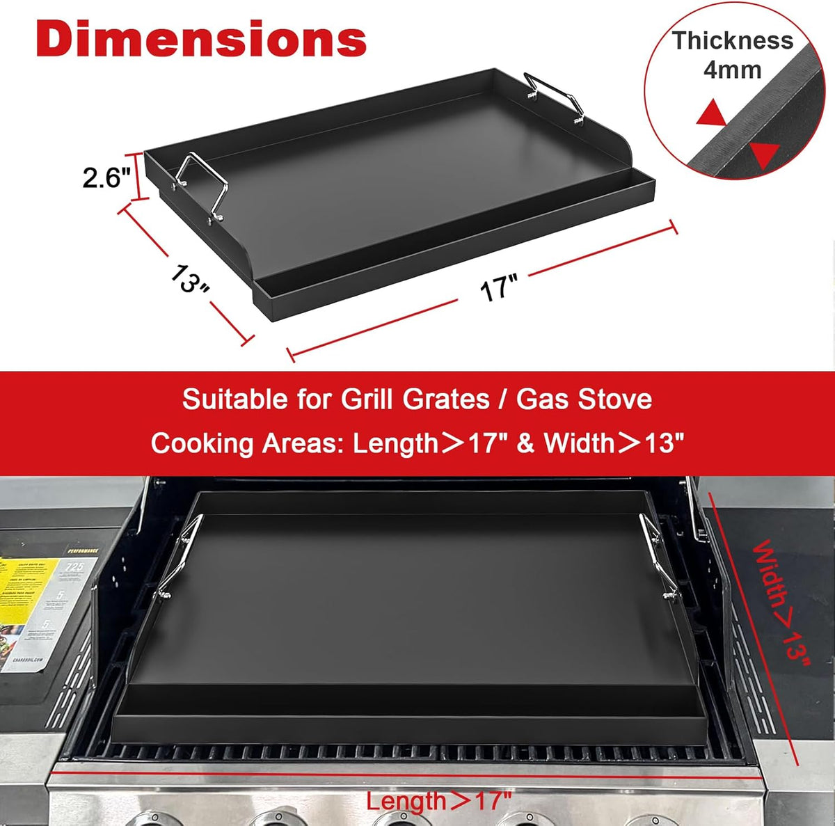 Universal Griddle 17"x13" Insert for Electric/Charcoal/Gas Grills, Nonstick Skillet Plate Teppanyaki for Party Outdoor Cooking Camping Tailgating,Carbon Steel Flat Top Griddle Plate with Grease Groove