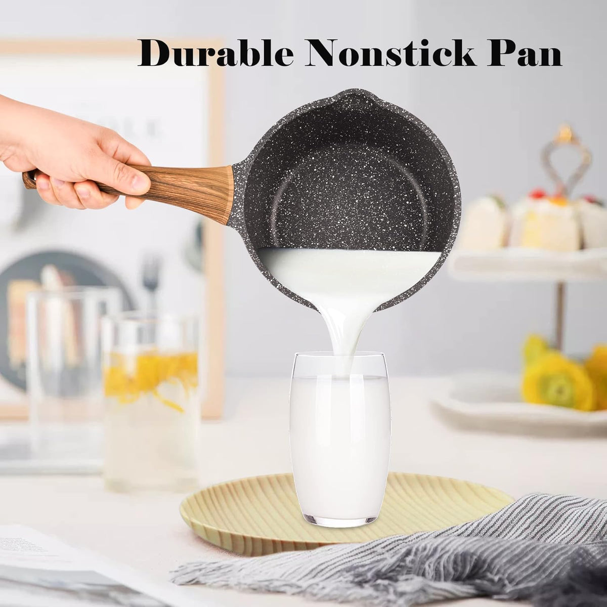 Nonstick Saucepan with Lid, 1.8 Quart Classic Black Granite Coated Pasta Soup Pot for All Stovetops, 7 Inch Small Sauce Pan for Cooking Sauce Soup and Milk