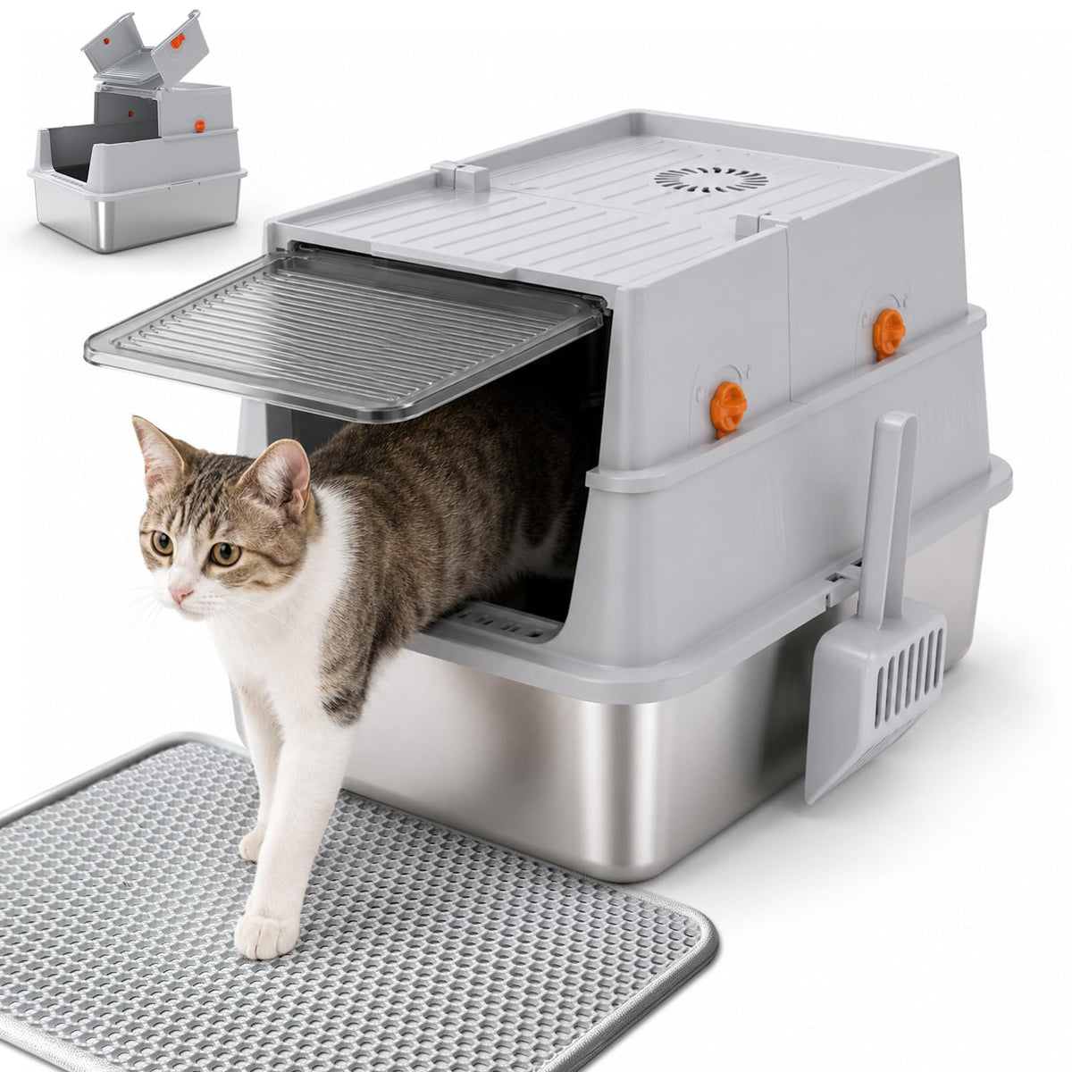 Devopet Stainless Steel Litter Box with Lid, Enclosed Metal Cat Litter Box for Kittens and Small Cats, Odor Control, Easy to Clean, Includes Scoop & Litter Mat