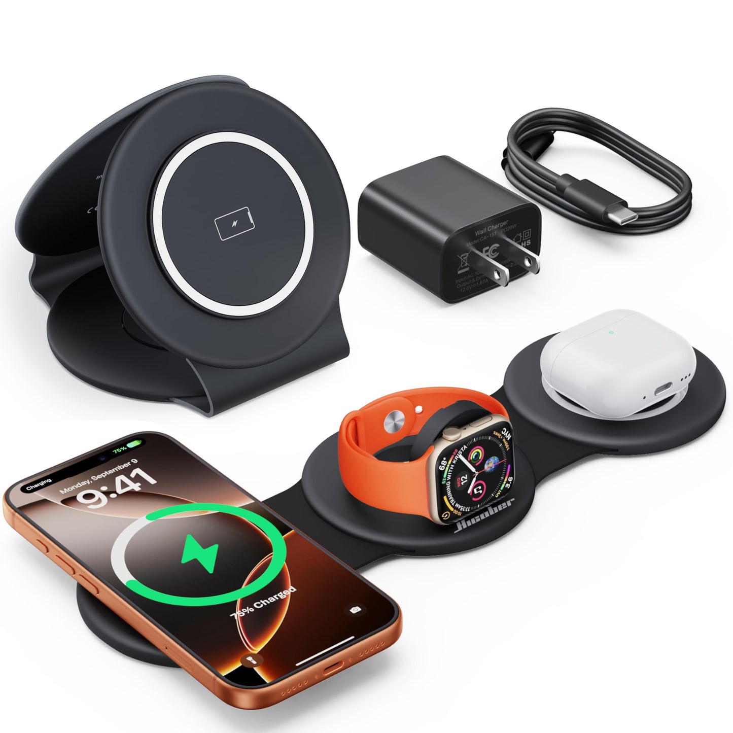 HICOBER 3-in-1 Wireless Charging Station for iPhone, Watch, AirPods, Black