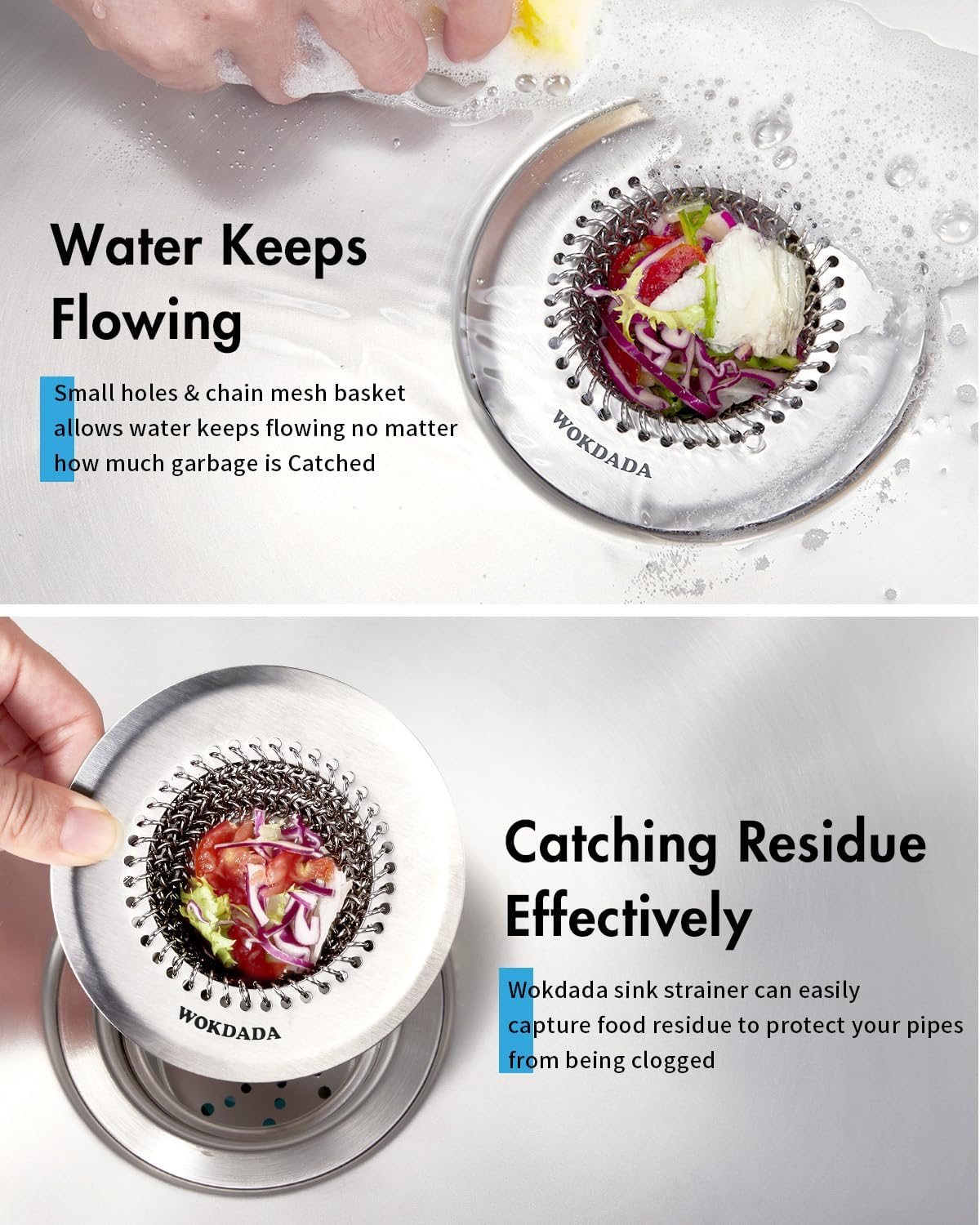 Sink Drain Strainer&Stopper, Anti-Slip Flexible Mesh Sink Strainer with 304 Stainless Steel, Clog-Free Kitchen Sink Strainer, Easy-Clean Sink Catcher Strainer& Silicone Stopper