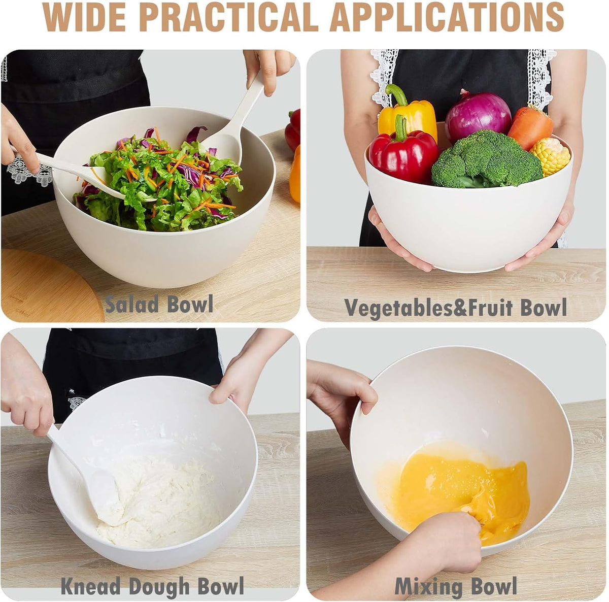12.6" Extra Large Salad Serving Bowl Set with Wooden Lid&Utensils, 8.4Qt. Bamboo Fiber Salad Bowl with Servers for Kitchen, Lightweight Big Bowl White for Mixing Salad,Fruit,Pasta