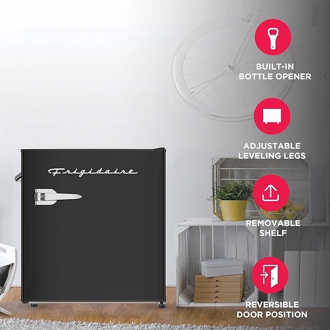 FRIGIDAIRE Black Retro Mini Refrigerator-Energy Saving-Adjustable Thermostat Control-Side Mounted Bottle Opener-Ideal for Dorm, Office, RV, Garage, Apartment 1.6 Cubic Feet