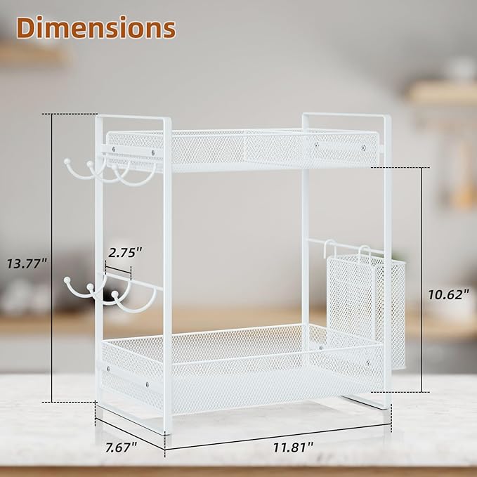 VITVITI Coffee Bar Organizer with Mug Holder, Metal Coffee Station Organizer for Countertop, 2 Tier Cup Mug Holders Rack with Basket for Kitchen Office, White