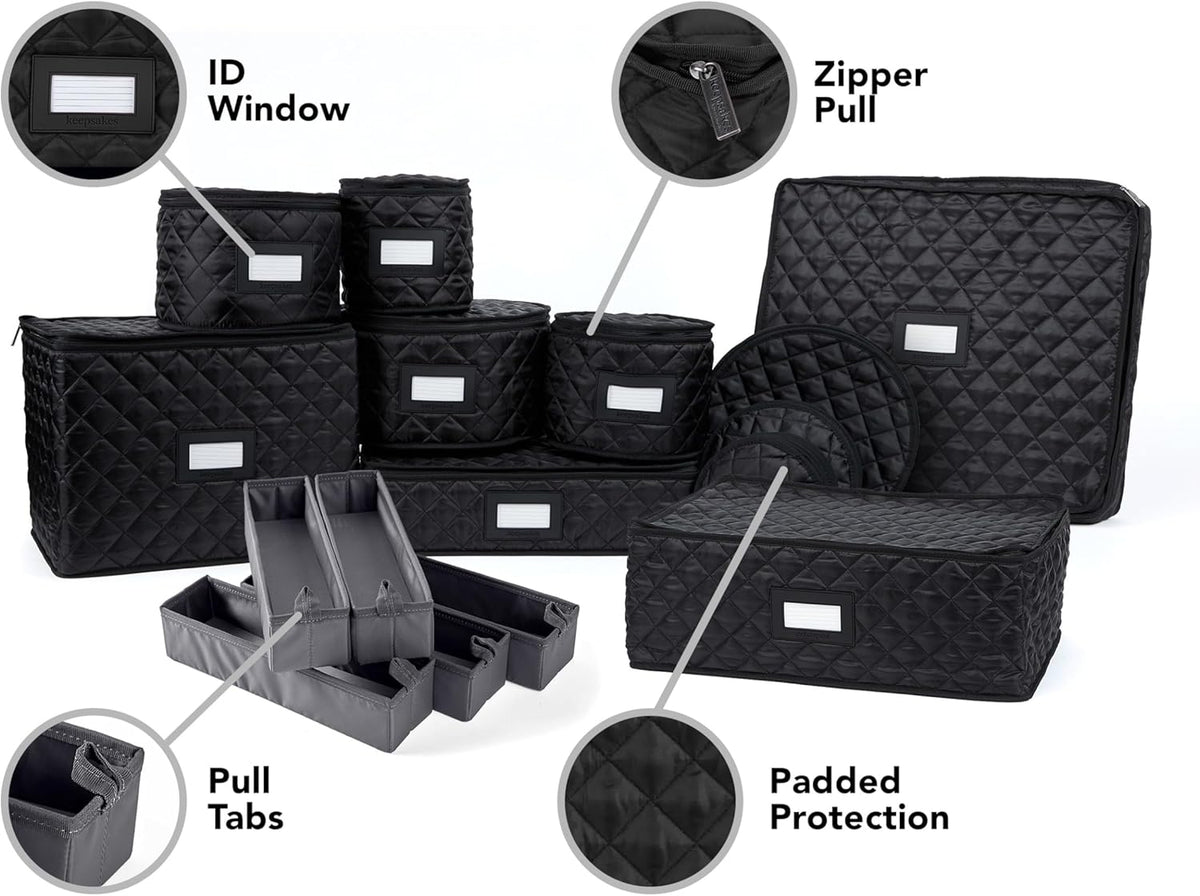 Covermates Keepsakes - Dish Storage Set - Padded Protection - ID Window - Stain Resistant - Machine Washable - China Storage, Black