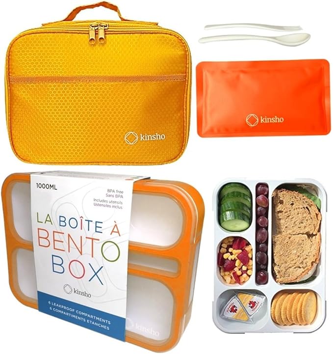 Bento-Box with Bag and Ice Pack. Lunch Boxes Snack Containers for Kids Boys Girls Adults. 6 Compartments, Leakproof Portion Container Boxes Insulated Bags for School Lunches, BPA Free, Orange