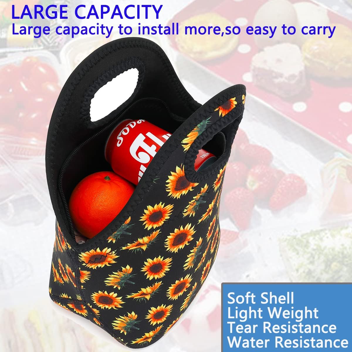 FlowFly Neoprene Lunch Tote Insulated Thermal Reusable Lunch Bag Box for Boys Men with Zipper (SunFlower)