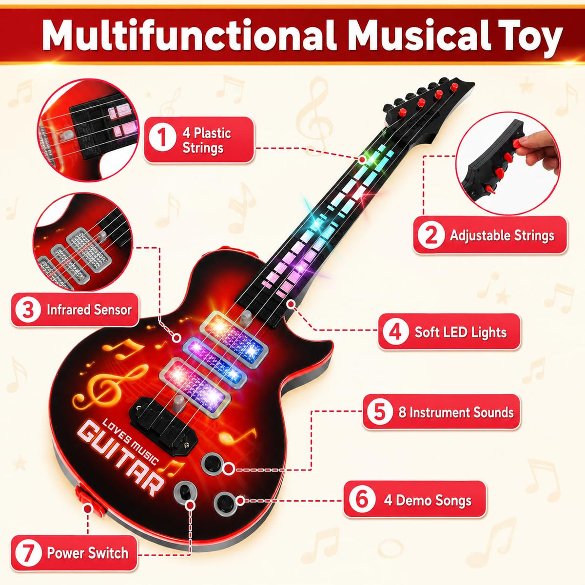 Kids Electric Guitar Toy for Ages 3-5 21 Inch Light Up Guitar with 4 Strings Infrared Sensor & Strap Musical Gift for Boys Girls (Red)