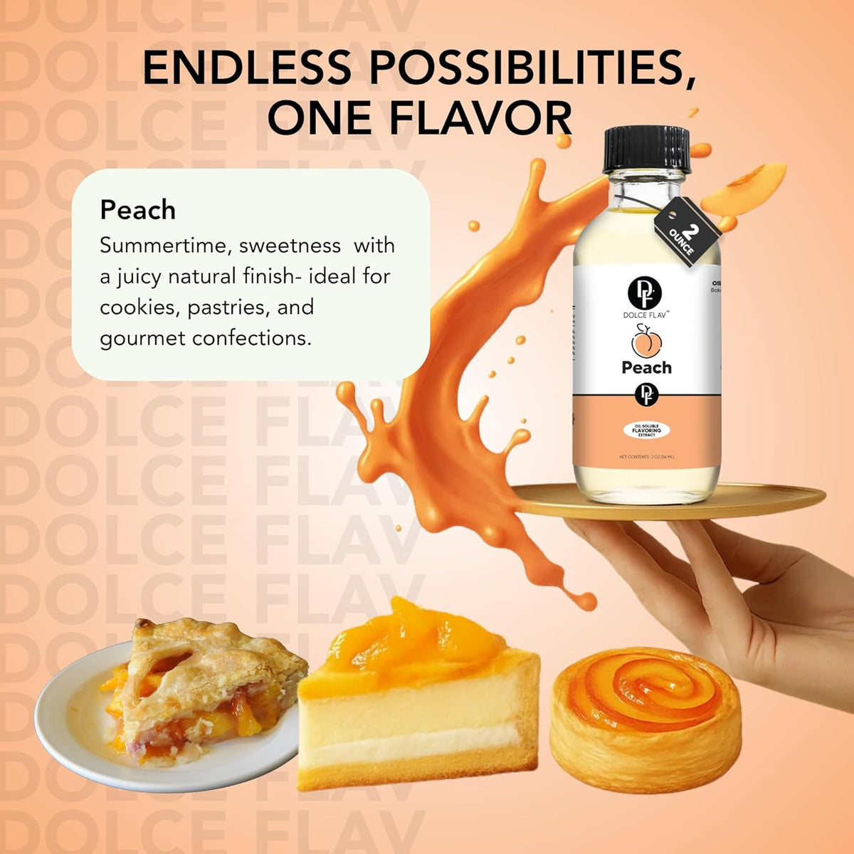 Dolce Flav Peach Extract – 2 Ounce Oil-Soluble Kosher, Sugar-Free, Concentrated Juicy Peach Flavoring for Baking, Chocolates & Desserts, Includes Measured Dropper