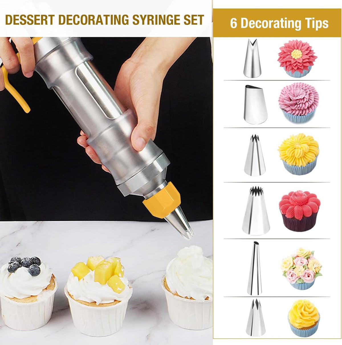 Frosting Piping Kit Cake Decorating Tools Supplies Icing Piping Kit Cupcake Decoration Gun Set Dessert Decorator Syringe Tools 6 Russian Piping Icing Nozzles Cupcake Frosting Filling Injector(Yellow)