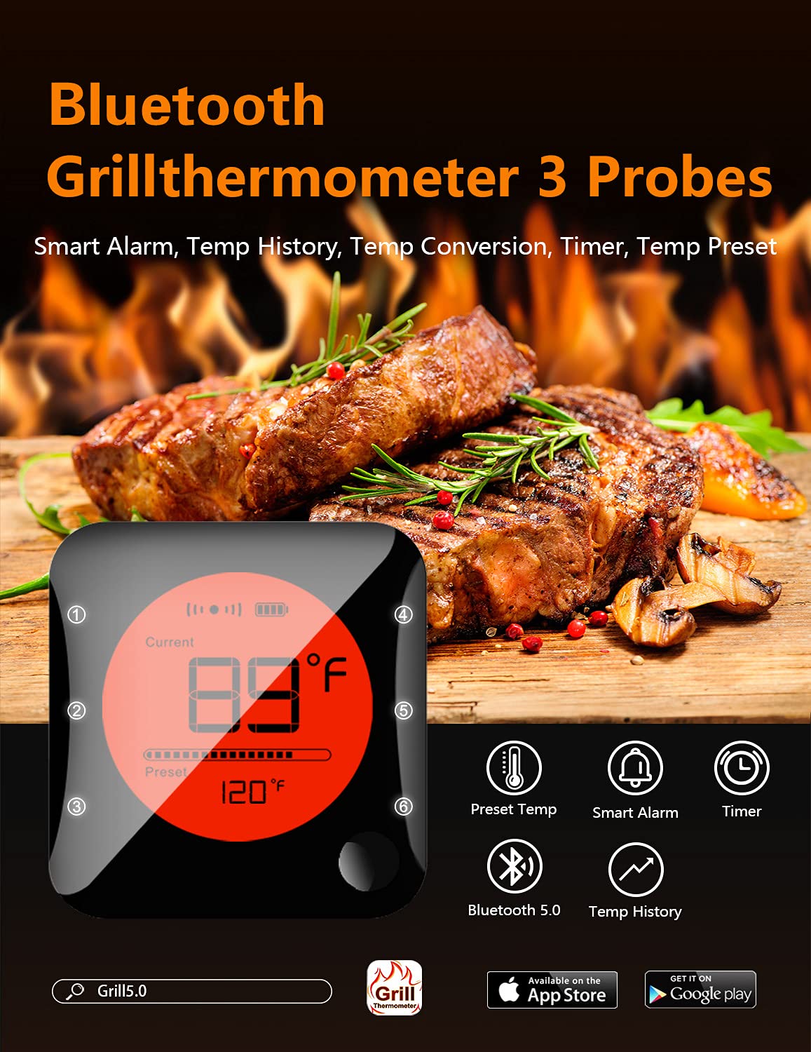 BFOUR Bluetooth Meat Thermometer Wireless Grill Thermometer with 3 Probes, Premium Digital Meat Thermometer Food Thermometer Timer Alarm for Smoker, Grill, Oven, Kitchen, Cooking, BBQ