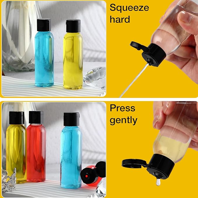 Zhehao 200 Pcs 2 oz Clear Plastic Empty Bottles Small Travel Size Bottles with Flip Cap Empty Transparent Dispenser Container for Liquids Toiletries Shampoo Lotion(Black Cap)
