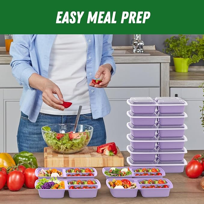 50 Pack (100-Piece) 32 oz Meal Prep Containers Reusable with Lids 3-Compartment, To Go Take Out Plastic Food Storage Containers, Sturdy Leakproof Food Safe, Microwave Freezer Dishwasher Safe, Lilac