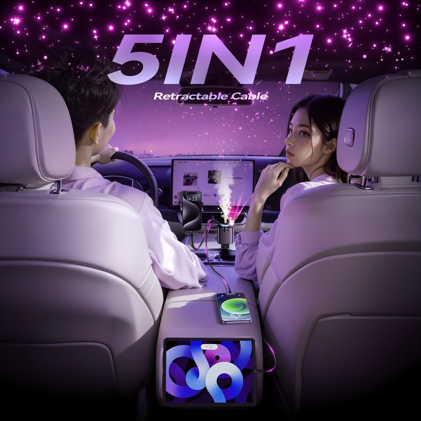 5 in 1 Retractable USB C Car Charger Fast Charge Aromatherapy Starry Sky