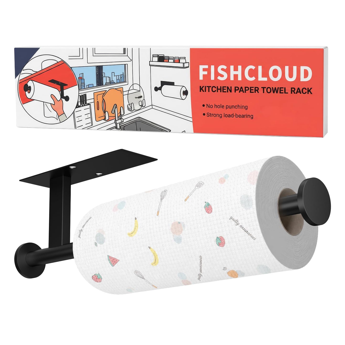 FISHCLOUD Paper Towel Holder Wall Mount - Self Adhesive No Drill or Drilling, SUS304 Stainless Steel - Kitchen, Bathroom, Sink, Pantry, Fridge(Black)