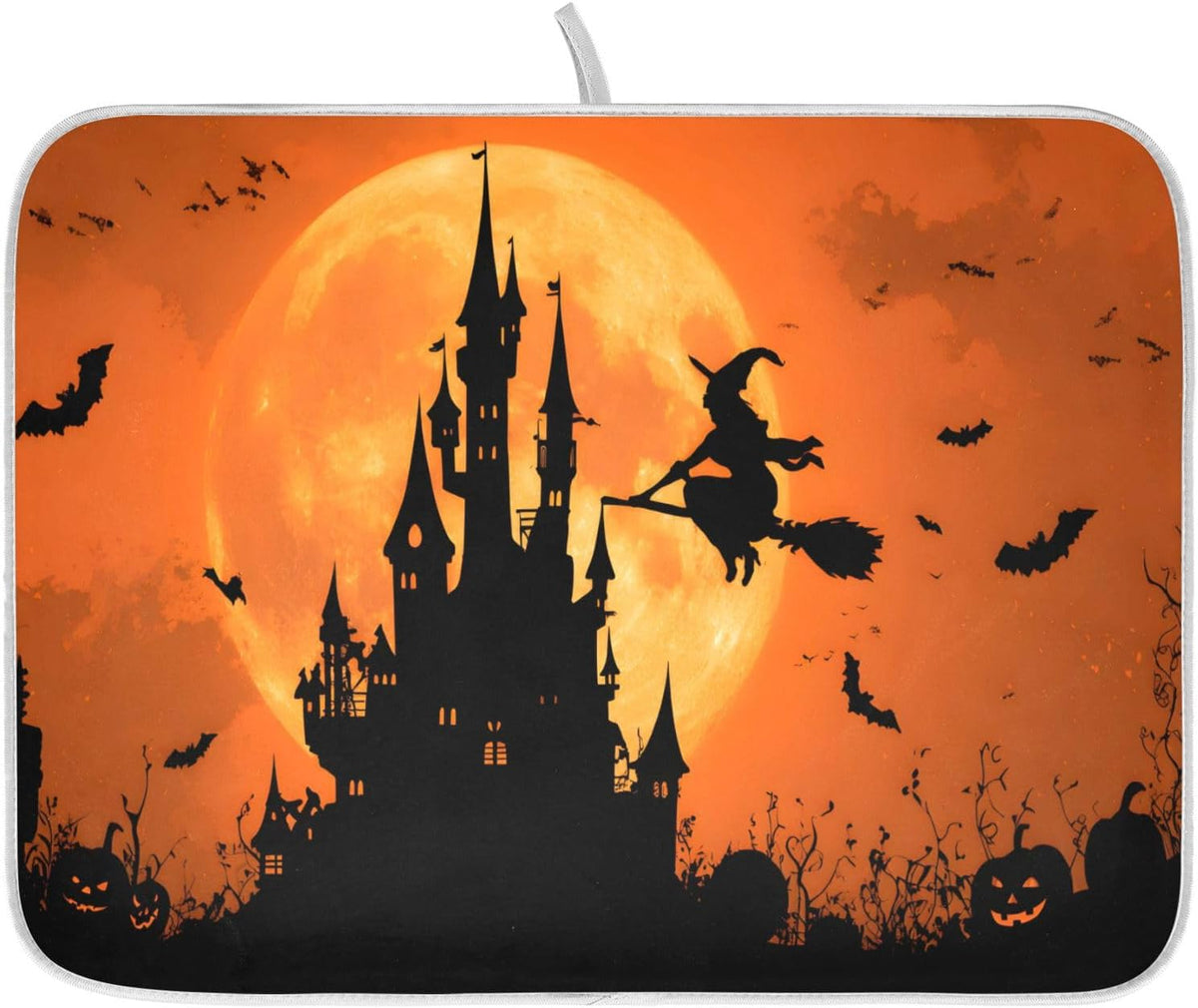 Halloween Witch Bat Castle Pumpkin Dish Drying Mat for Kitchen Counter Absorbent Microfiber Small Drying Pad Dish mats for Kitchen Countertops 16 x 18 Inch