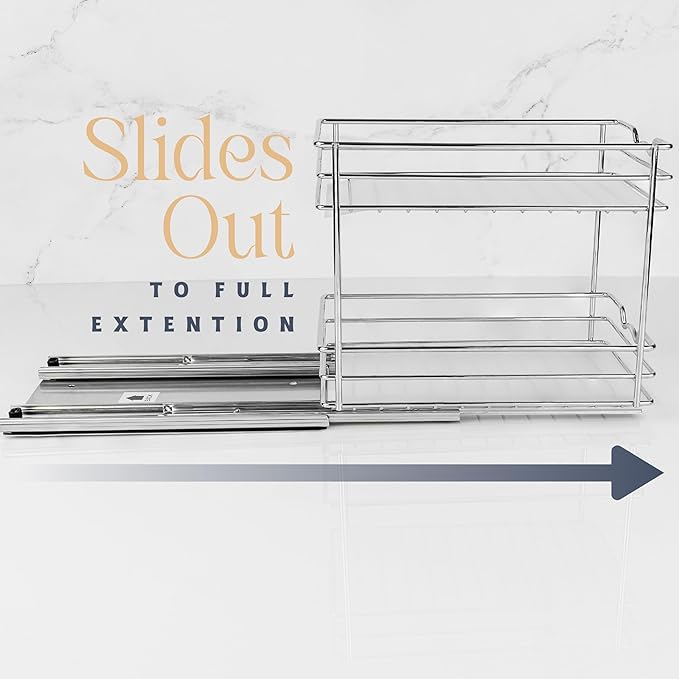 Pull Out Cabinet Organizer for Spices, Cans - Heavy Duty with Lifetime Limited Warranty- Pull Out Spice Rack- Cabinet Pull Out Shelf for Cans,Dishes, Etc, 6.-1/2"W x 10-3/8"D x 8-7/8"H, Chrome