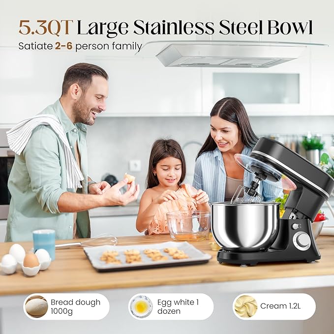 800W Stand Mixer with 5.3QT Bowl, 6-Speed with Pulse Electric Kitchen Mixer, Food Mixer with Dough Hook, Whisk, Beater Tilt-Head & Non-Slip Base for Cookie, Cake, Bread & Baking-Black