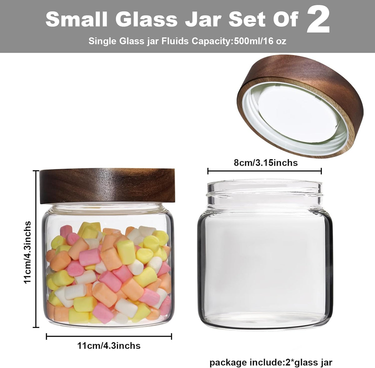 Glass Coffee Jars Spice Jar Round Storage Canister with Wooden Lid Clear Glass Food Jar for Pantry Sugar Tea Coffee Bean Spice Nuts Cookies Bath Salts (500ml/16oz-2pack)
