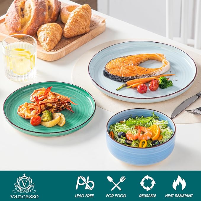vancasso Bonita Dinnerware Sets 18 Pieces, Blue Stoneware Dishes Set for 6, Plates Set and Bowls Sets, Dishwasher and Microwave Safe
