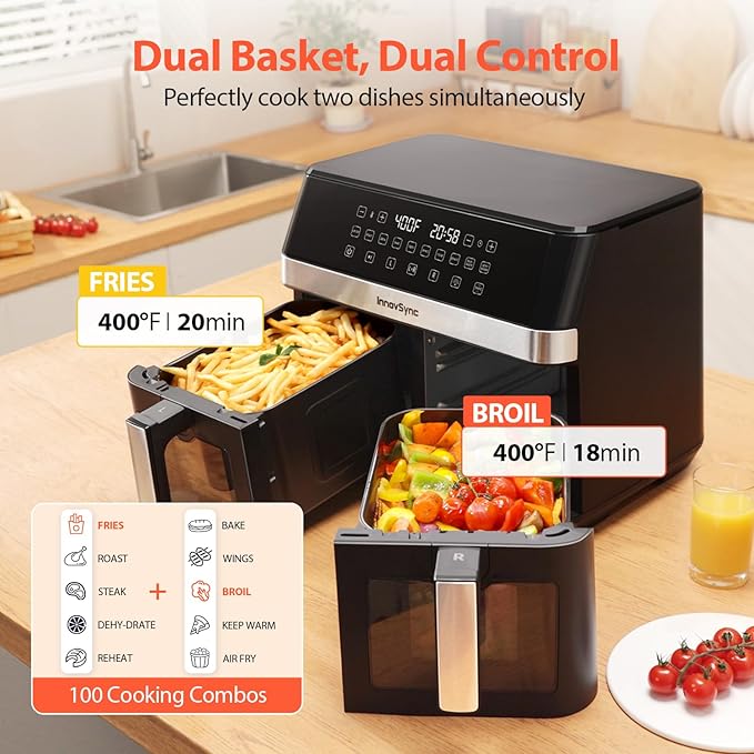 12QT Large Dual Air Fryer, 10-in-1 Double Zone Airfryer with 2×6QT Baskets, 60° Easy-Panel with Full Touchscreen, SyncCook Function, Viewing Window, Nonstick & Dishwasher Safe, 2 Dishes at Once, Black