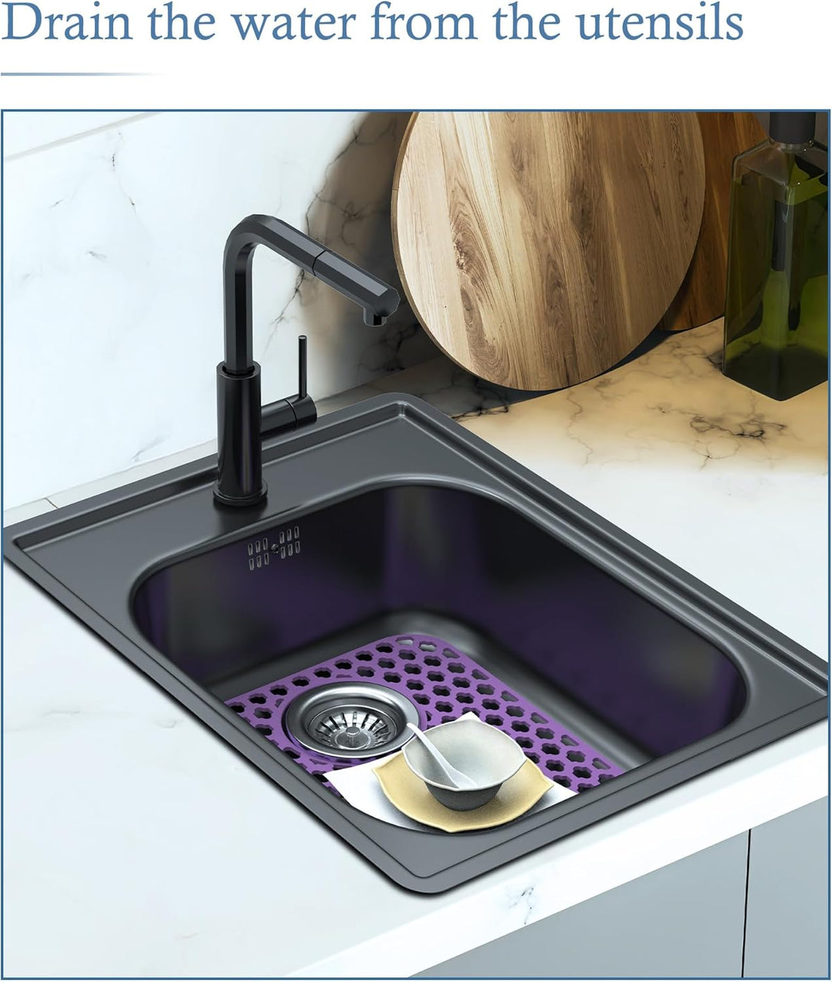 2 Pack Silicone Sink Protector for Kitchen Sink Bathroom, 13.58" x 11.6" Heat-resistant Sink Mat Non-Slip and Durable Silicone Protectors, Rear Drain (Purple)