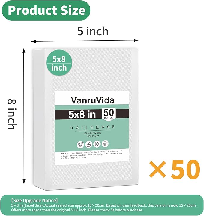 VanruVida Small Pint Size Vacuum Sealer Bags, 50 Count 5” x 8”,BPA Free,Commercial Grade Textured PreCut Bag with Double Tear Notches, Perfect for Food Storage, Freezer, Meal Prep, or Sous Vide