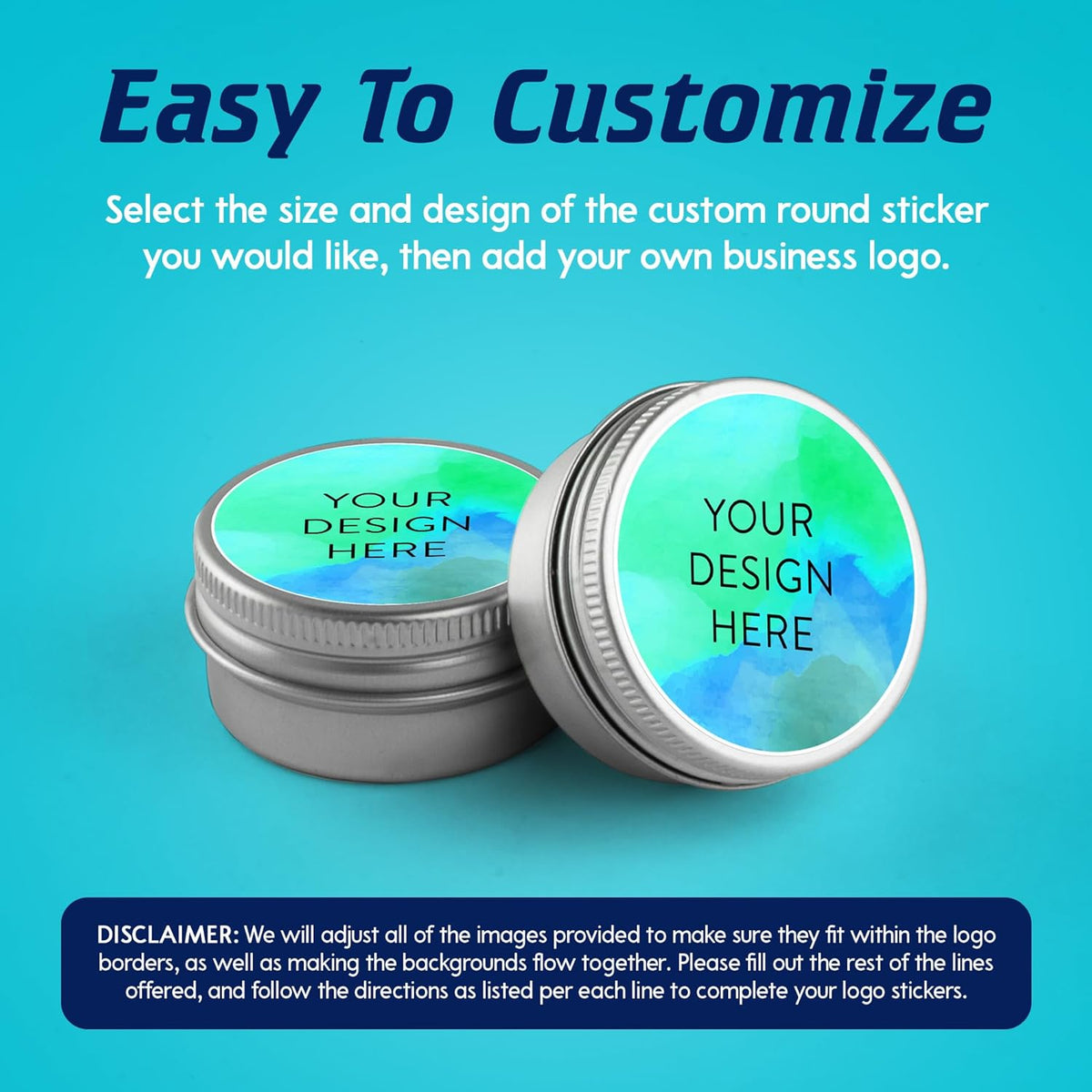100 Custom Vinyl Stickers - Upload Your own Image, Text, Design, Logo - Personalized Logo Labels for Handmade, Packaging, Bottle, Jars, Candle, Brand Stickers (Blue Green, 1x1)