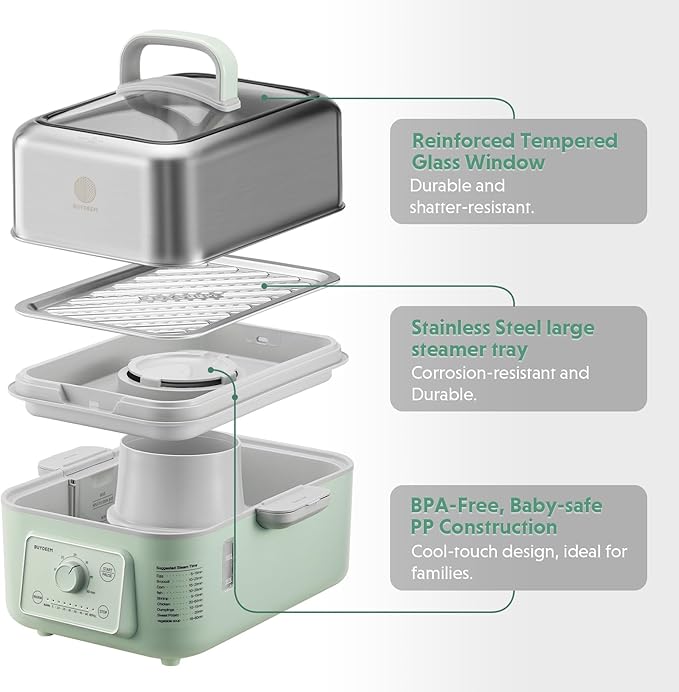 BUYDEEM G52 5.3 Quart Electric Food Steamer for 2-4 Servings, Vegetable Steamer for Cooking, 2-hour Keep Warm, 7 Preset Timings, Dual Boil-Dry Protection, Stainless Steel, Cozy Greenish