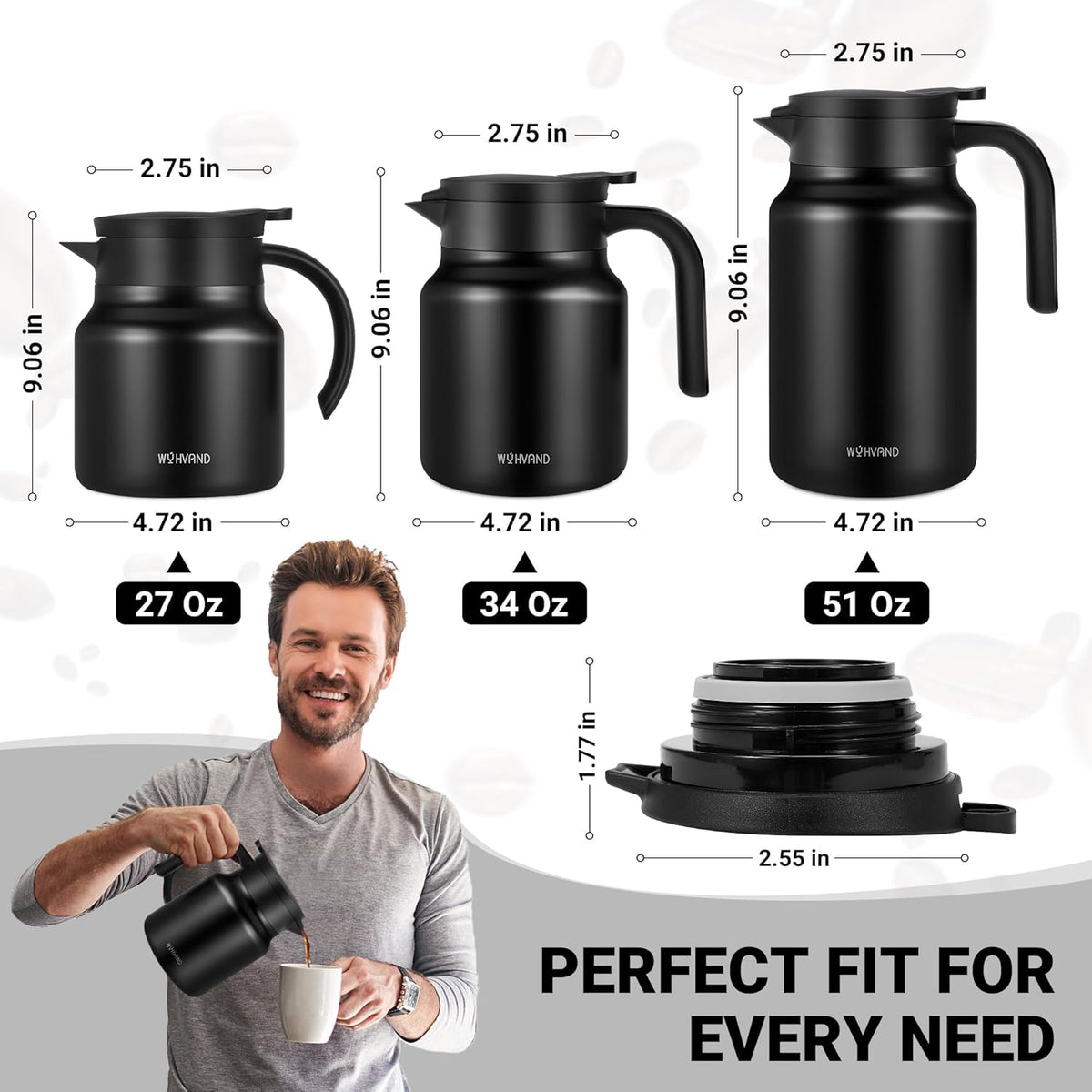 27Oz Thermal Coffee Carafes For Keeping Hot/Cold, Stainless Steel Coffee Carafe, Dustproof Insulated Water Carafe for Party/Home,Black