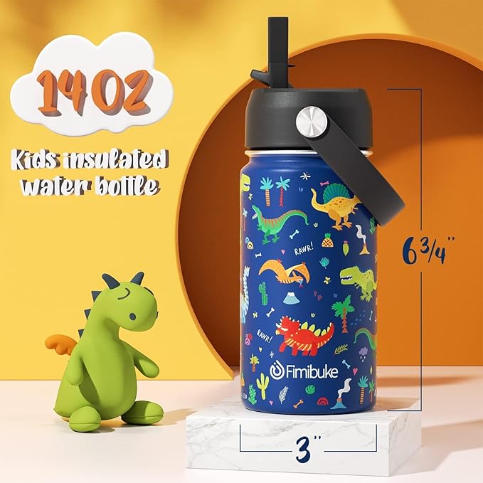 Fimibuke Kids Insulated Water Bottle, 14oz BPA FREE Double Wall Vacuum Tumbler 18/8 Stainless Steel Leak Proof Kids Cups with Straw Metal Bottles for School Boys Girls (2 Pack, Trucks/Green Dinosaur)