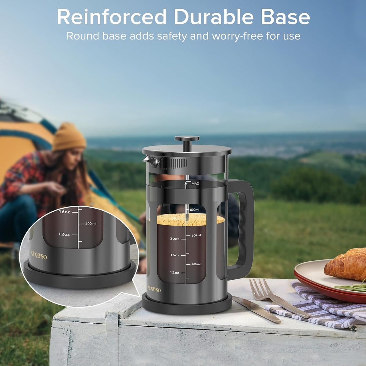 QUQIYSO French Press Coffee Maker 34oz 304 Stainless Steel French Press with 4 Filter, Heat Resistant Durable, Easy to Clean, Borosilicate Glass Coffee Press, 100% BPA Free Glass Teapot, Dark Pewter