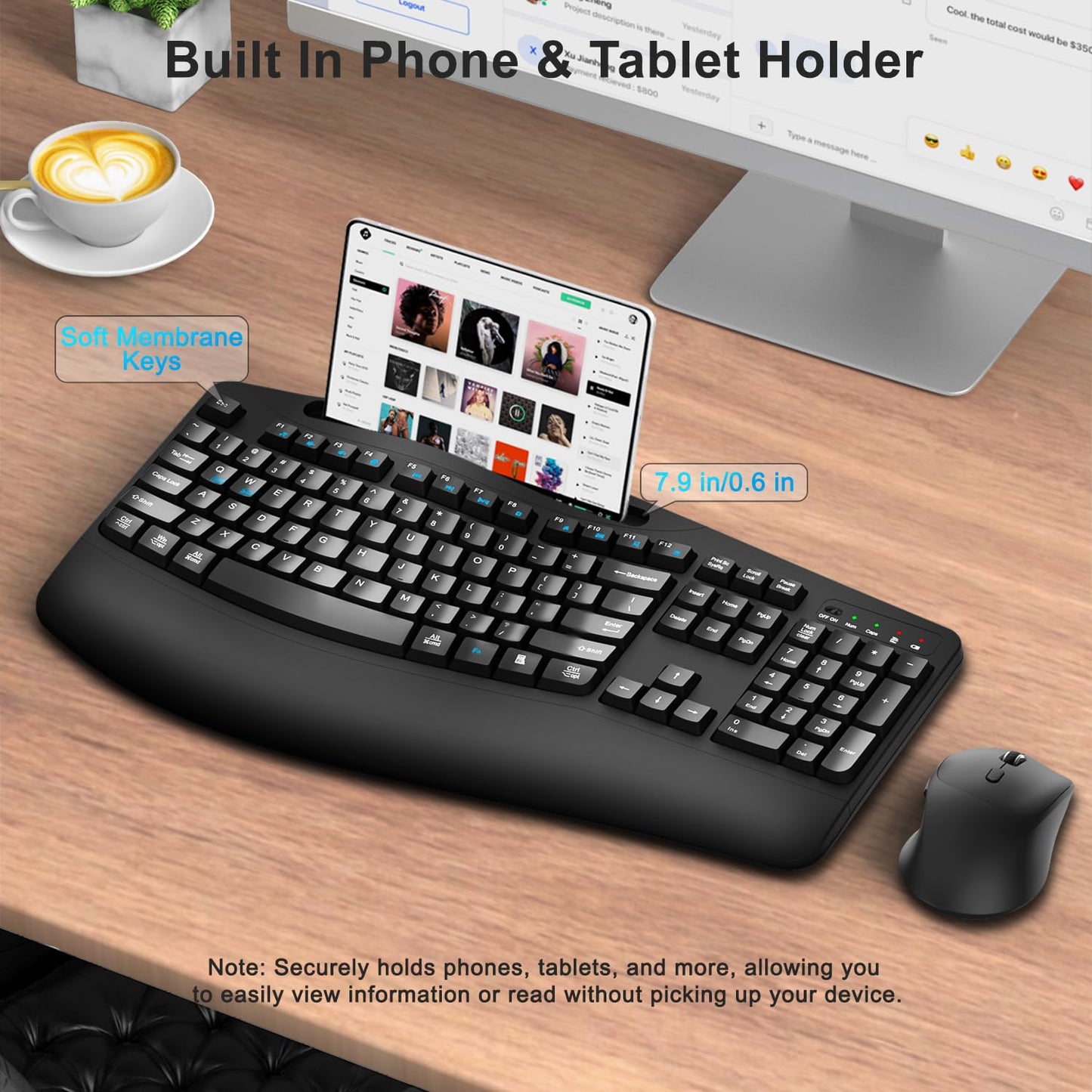 Wireless Keyboard and Mouse Combo, Full Size Ergonomic Wave Keys(Black)