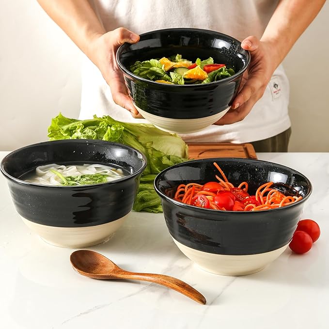 Hasense Ceramic Soup Bowls, 40 oz Large Salad Cereal Bowls Set of 4, Stackable Serving Bowls for Kitchen, Bowls for Pasta Ramen Noodle Pho, Dishwasher Microwave Safe, Gloss Black & Matte White