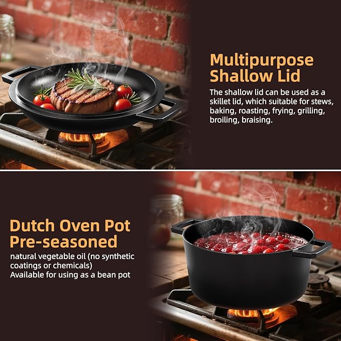 2-in-1 Pre-Seasoned Cast Iron Double Dutch Oven Pot with Skillet Lid & Silicone Sleeves – Raised Rib Skillet Lid– Umite Chef 7QT Cast Iron Skillet Cookware Pan Set wirh Dual Handles – Oven, Grill, Campfire & Stovetop Safe –PFAS-Free