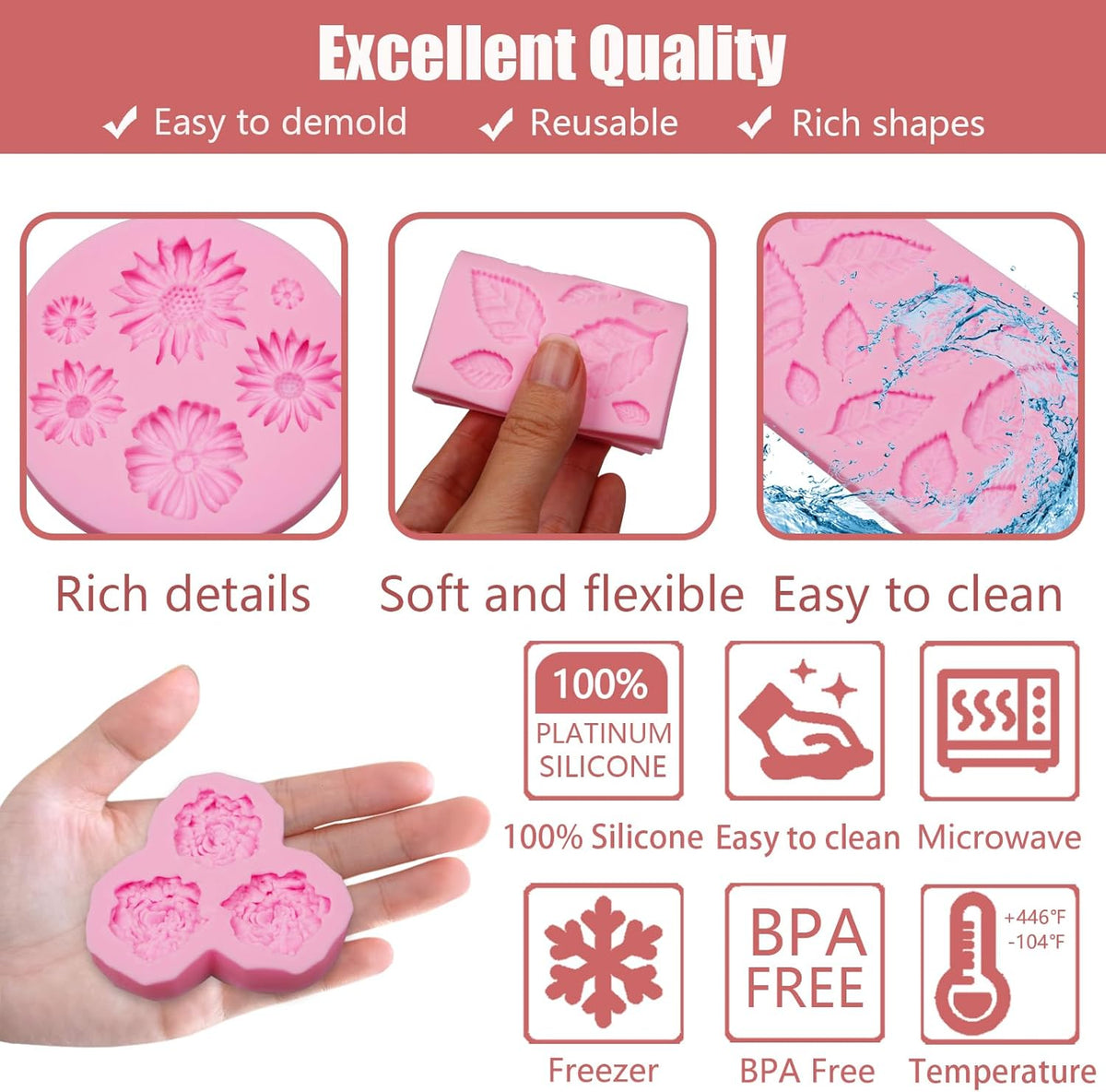 Flower Silicone Cake Mold 6 Pcs, Mini Leaf Fondant Mold for Chocolate Fall Silicone Molds Cake Decoration Candy Sugar Cupcake Topper Cake Pop Popsicle Polymer Clay Crafts