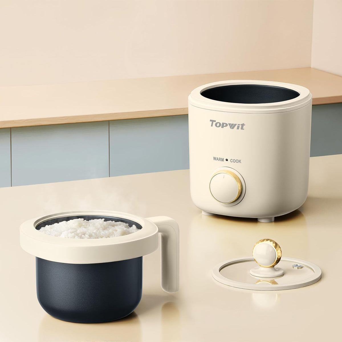 TOPWIT Rice Cooker Small, Mini Rice Cooker 2 Cups Uncooked, 1.2L Portable Rice Maker with Non-stick Coating, BPA Free, One Touch & Keep Warm Function, Beige