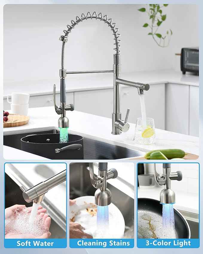 Fapully Commercial Single Handle Pull Down Sprayer Brushed Nickel Kitchen Faucet, Kitchen Sink Faucet with LED Light