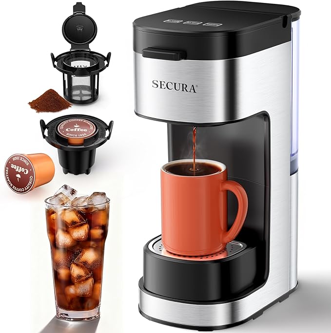 Secura Single Serve Coffee Maker K Cup and Ground 2-In-1 Coffee Maker with 3 Brew Modes, Removable Reservoir & Drip Tray, 6 to 12 Oz Brew Sizes